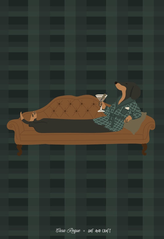 Ilustración perro salchicha sillón vintage