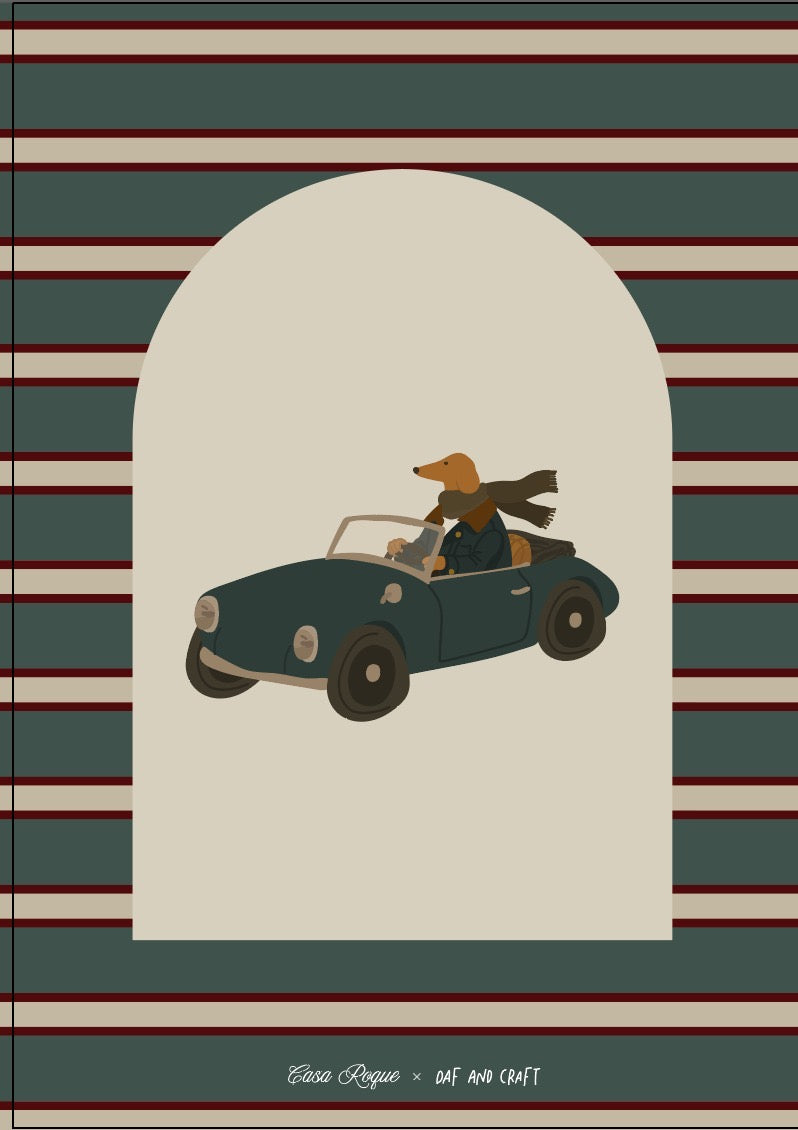 Ilustración perro salchicha manejando