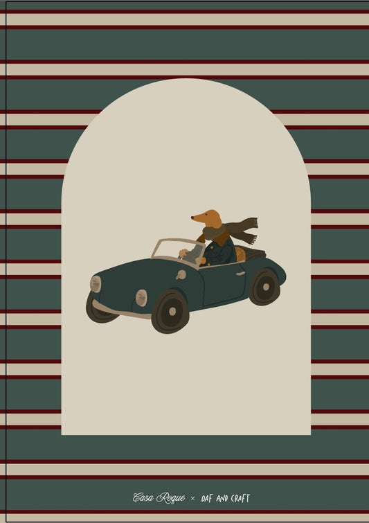 Ilustración perro salchicha manejando